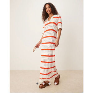 YAS Open Knit Crochet Striped Collar Maxi Dress S Boho Festival Beach